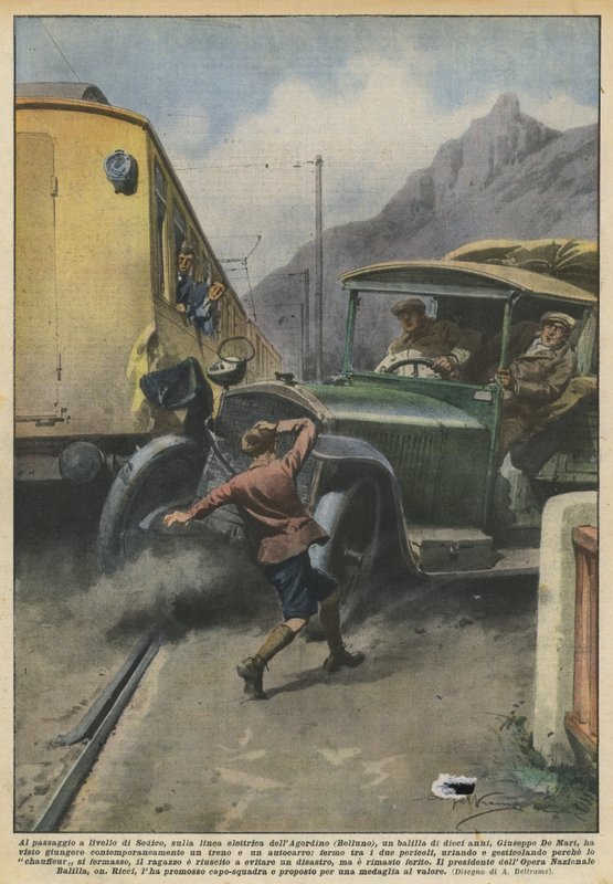 Ved Sedico planovergang, på kraftlinjen Agordino (Belluno), et bord? av Achille Beltrame