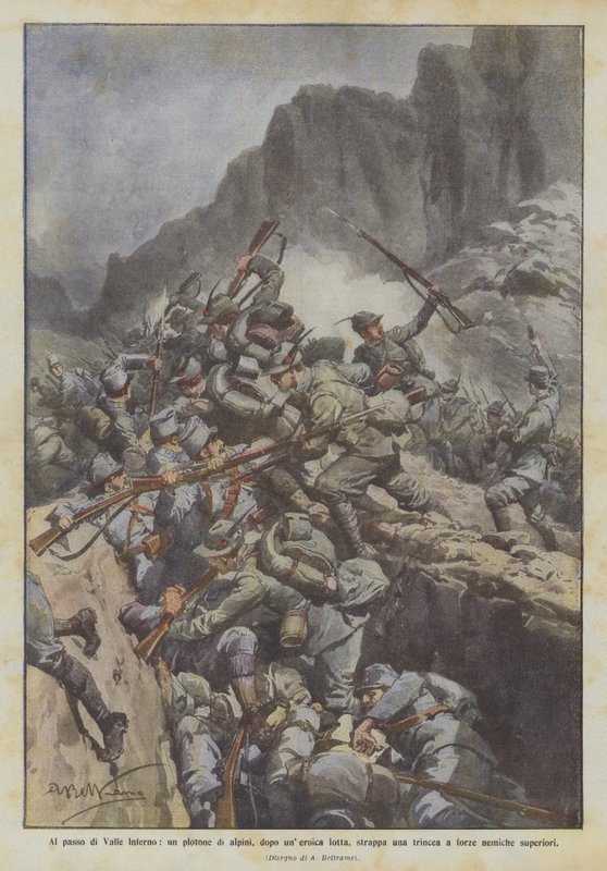 Ved Valle Inferno-passet river en peleton alpine tropper, etter en heroisk kamp, opp en skyttergrav? av Achille Beltrame