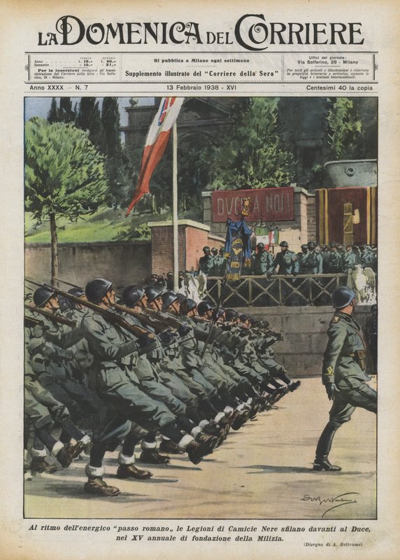 På rytmen av det energiske romerske trinnet, paraderer Legions of Black Shirts foran Duce? av Achille Beltrame