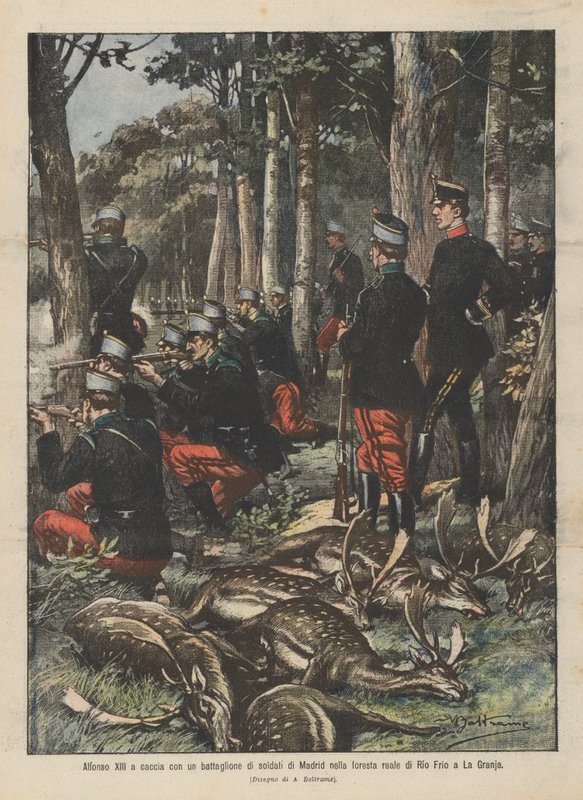 Alfonso XIII på jakt med en bataljon av Madrid-soldater i den kongelige skogen Rio Frio i La Granja av Achille Beltrame
