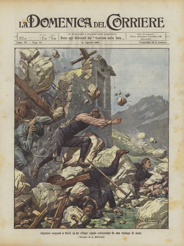 Fjellbestigere overrasket og skadet i et alpint tilfluktssted knust av et skred av steiner av Achille Beltrame