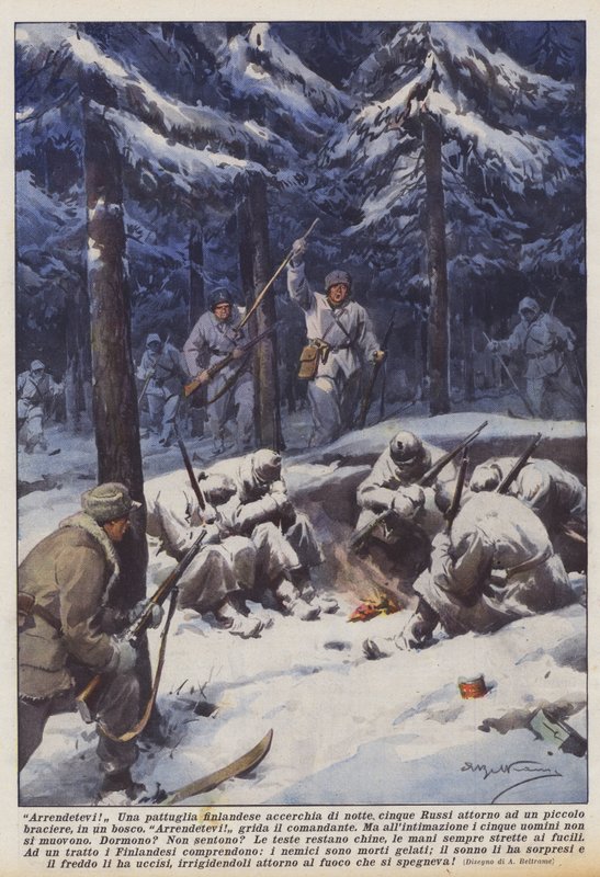 Overgi deg! En finsk patrulje omkranser fem russere om natten rundt en liten brenneovn i en skog av Achille Beltrame