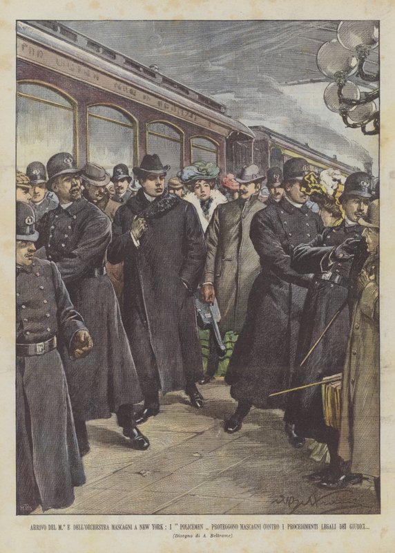 Ankomst av M ° og Mascagni-orkesteret i New York, politimenn beskytter Mascagni mot? av Achille Beltrame