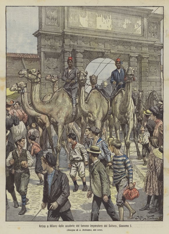 Ankomst til Milano av stallen til den berømte keiseren av Sahara, James I av Achille Beltrame