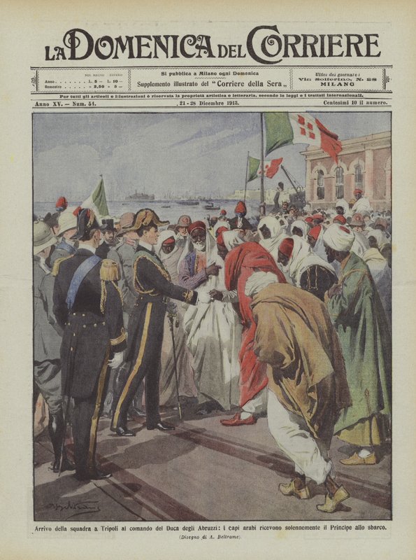 Ankomst av teamet i Tripoli under kommando av hertugen av Abruzzi, mottar de arabiske lederne? av Achille Beltrame