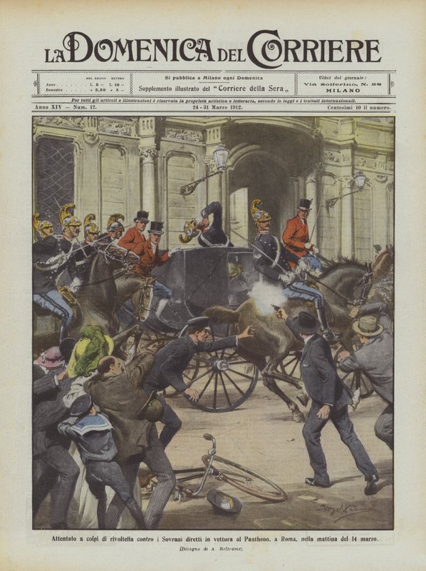 Angrep med revolverskudd mot suverene ledet med bil til Pantheon, i Roma, om morgenen 14. mars av Achille Beltrame