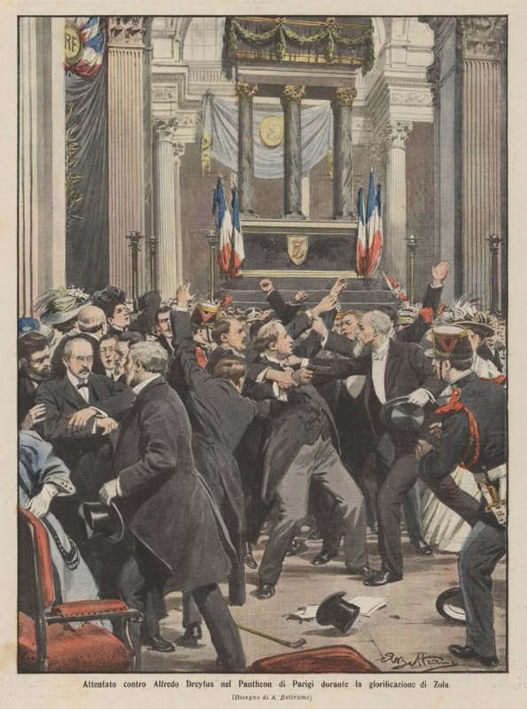 Angrep på Alfredo Dreyfus i Pantheon i Paris under glorifiseringen av Zola av Achille Beltrame