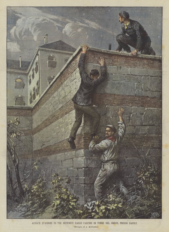 Våg flukt av tre innsatte fra Torre Del Greco-fengslene, nær Napoli av Achille Beltrame