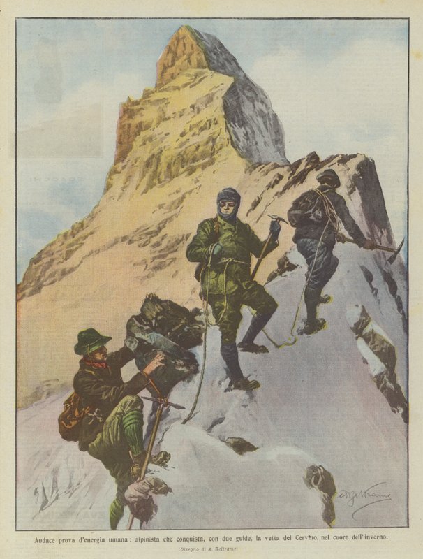 En dristig test av menneskelig energi, fjellklatrer som erobrer, med to guider, toppen av Matterhorn, i hjertet av vinteren av Achille Beltrame