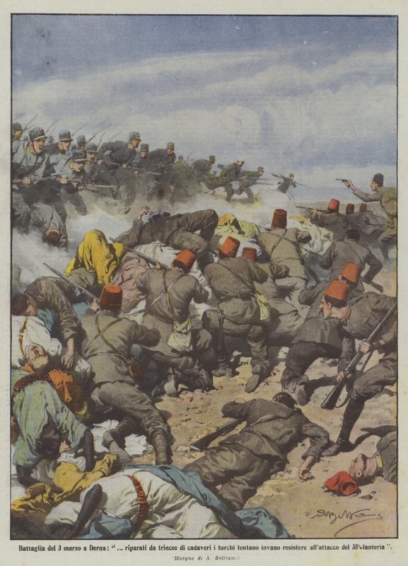 Slaget den 3. mars i Derna, i ly av skyttergraver med lik prøver tyrkerne forgjeves å motstå? av Achille Beltrame