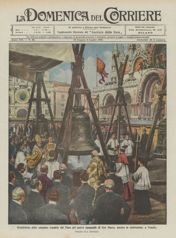 Velsignelse av klokkene gitt av paven for det nye klokketårnet i San Marco, fortsatt under bygging, i Venezia av Achille Beltrame