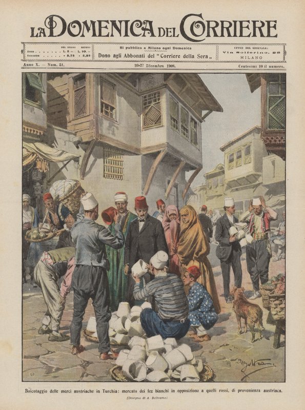 Boikott av østerrikske varer i Tyrkia, marked for hvite fezes i opposisjon til de? av Achille Beltrame
