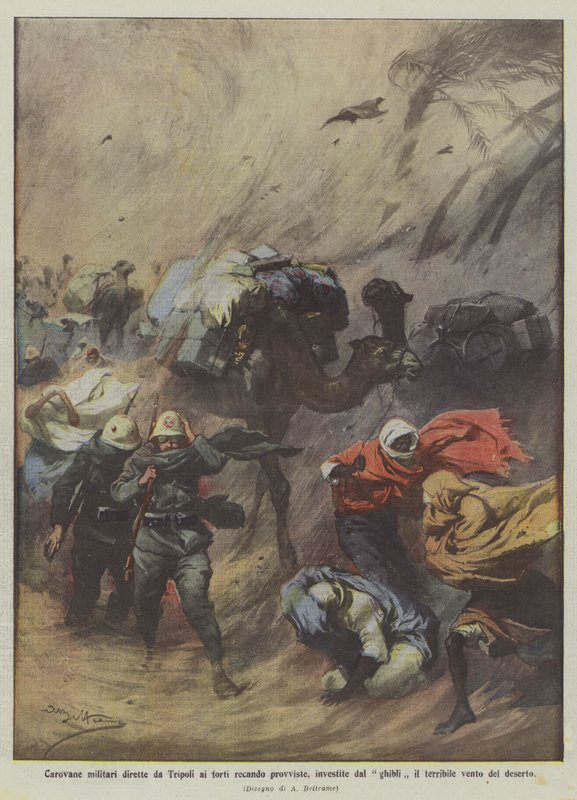 Militære karavaner på vei fra Tripoli til fortene med proviant, truffet av Ghibli the Terrible? av Achille Beltrame