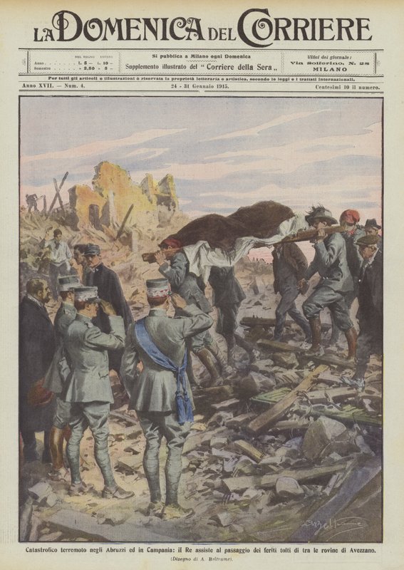 Katastrofale jordskjelv i Abruzzi og Campania, er kongen vitne til passasjen av de sårede fjernet? av Achille Beltrame