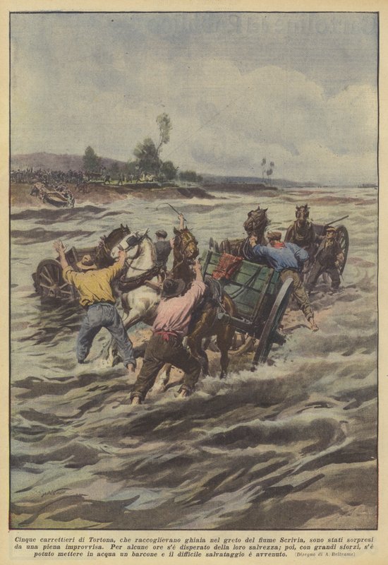 Fem vognmenn fra Tortona, som samlet grus i bunnen av elven Scrivia? av Achille Beltrame
