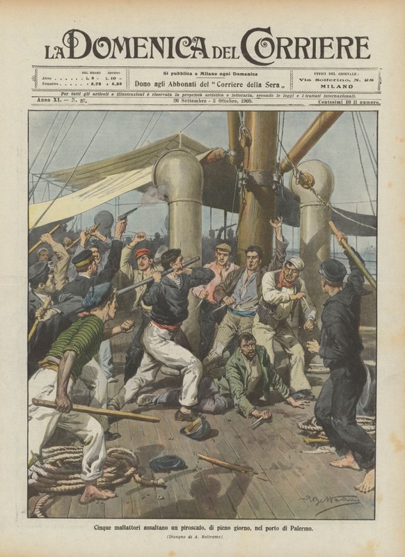 Fem kriminelle angriper en dampbåt, midt på lyse dagen, i havnen i Palermo av Achille Beltrame