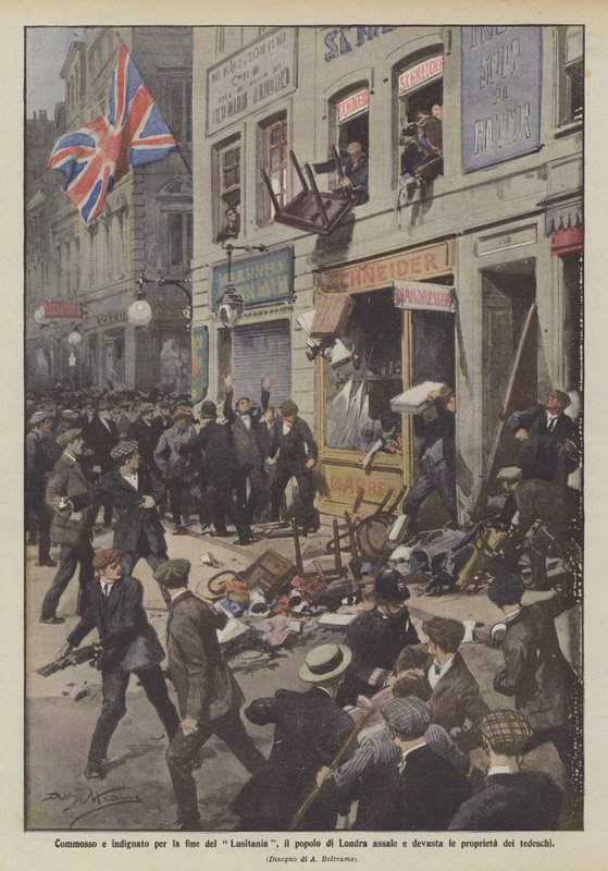 Berørt og rasende mot slutten av Lusitania, angriper og ødelegger folket i London tyskernes eiendommer av Achille Beltrame
