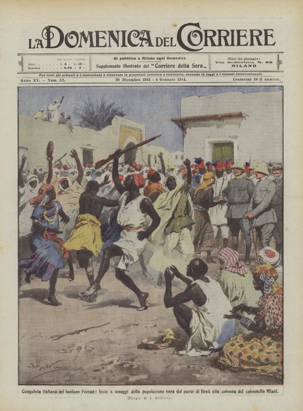 Italiensk erobring av det fjerne Fezzan, feiringer og hyllest til den svarte befolkningen i landet Brak? av Achille Beltrame