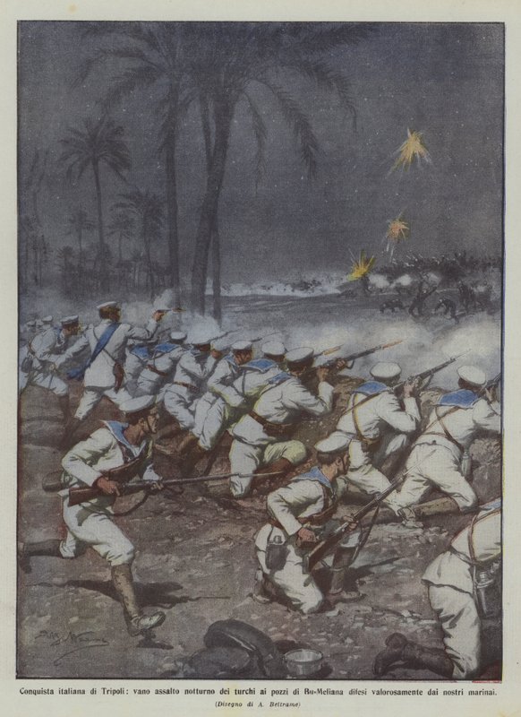 Italiensk erobring av Tripoli, et forgjeves nattangrep av tyrkerne på de forsvarte brønnene til Bu-Meliana? av Achille Beltrame
