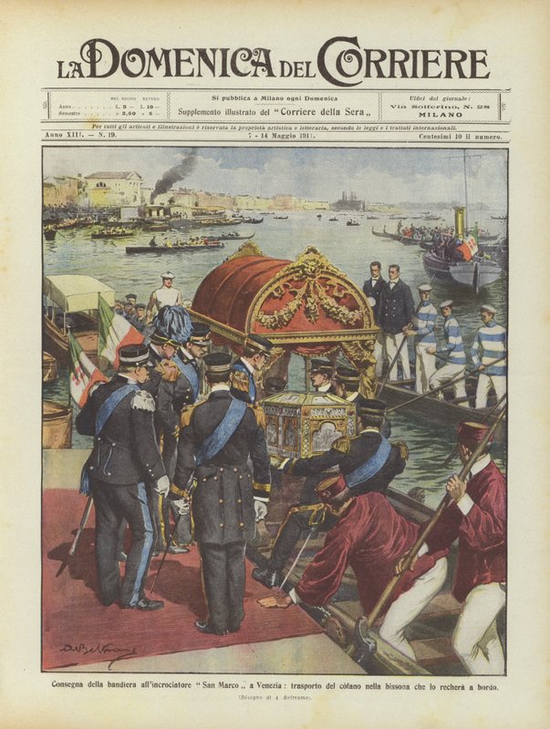 Levering av flagget til cruiseren San Marco i Venezia, transport av panseret i bissona? av Achille Beltrame