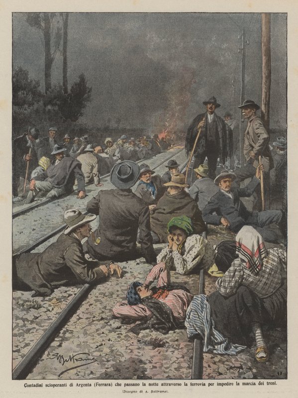 Streikende bønder fra Argenta (Ferrara) som overnatter over jernbanen for? av Achille Beltrame