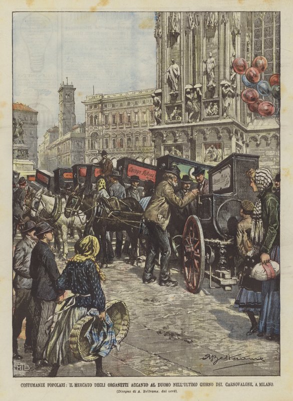 Costumanze Popular, Organet Market ved siden av Duomo på den siste dagen av Carnovalone, i Milano av Achille Beltrame