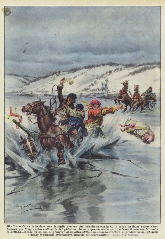 Kommer en rumensk familie tilbake fra en dåp som reiser med slede over en islagt elv? av Achille Beltrame