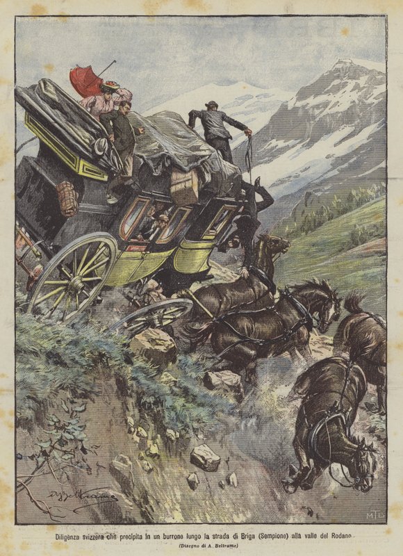 Sveitsisk diligens stuper ned i en kløft langs veien fra Brig (Simplon) til Rhône-dalen av Achille Beltrame