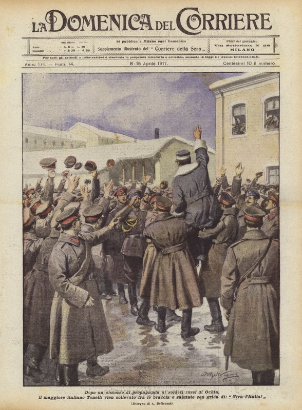 Etter en propagandatale til de russiske soldatene i Ochta, kommer den italienske majoren Tonelli? av Achille Beltrame