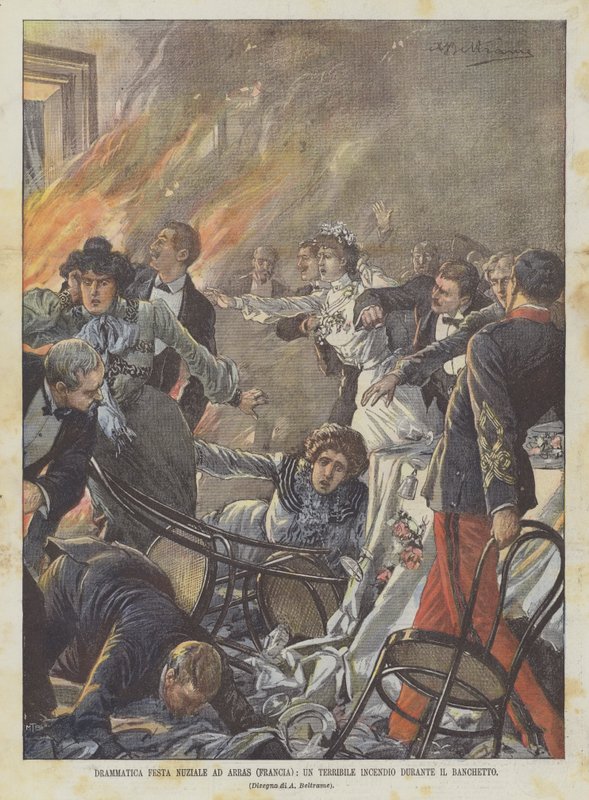 Dramatisk bryllupsfest i Arras (Frankrike), en forferdelig brann under banketten av Achille Beltrame