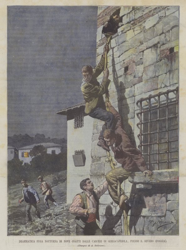 Dramatisk nattflukt fra Nove Coatti fra Serracapriola fengsler, nær S Severo (Foggia) av Achille Beltrame