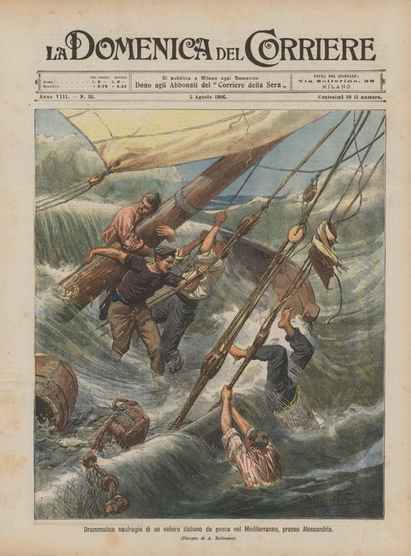 Dramatisk forlis av et italiensk fiskeseilskip i Middelhavet, nær Alexandria av Achille Beltrame