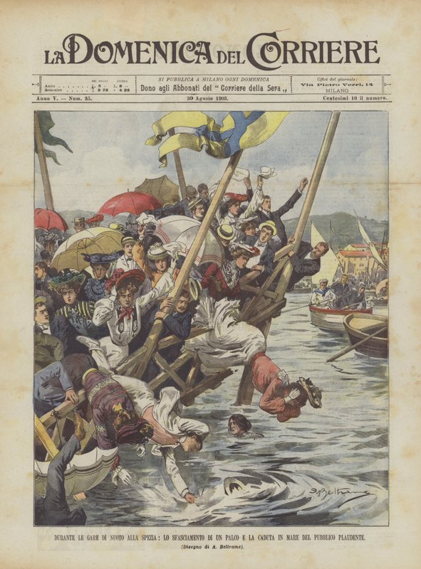 Under svømmekonkurransene i La Spezia, kollapsen av en scene og fallet i havet til det applauderende publikum av Achille Beltrame