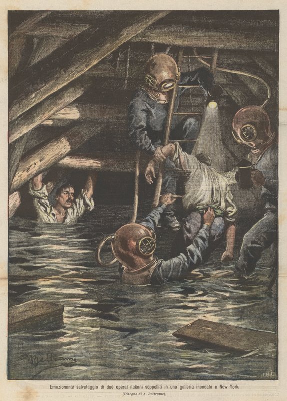 Spennende redning av to italienske arbeidere gravlagt i en oversvømmet tunnel i New York av Achille Beltrame