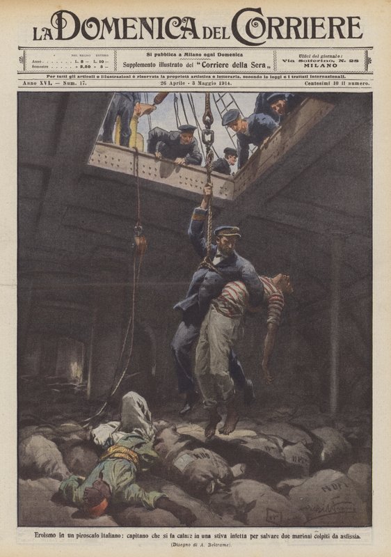 Heltemot i en italiensk dampbåt, en kaptein som lar seg senke ned i et infisert lasterom for å redde to? av Achille Beltrame