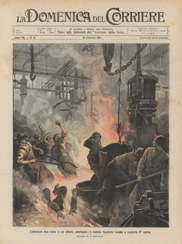 Eksplosjon igjen i et amerikansk verksted, det flytende metallet treffer og svelger 27 arbeidere av Achille Beltrame