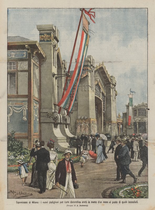 Milan Exposition, de nye paviljongene for dekorativ kunst reist på mindre enn en måned på plass? av Achille Beltrame