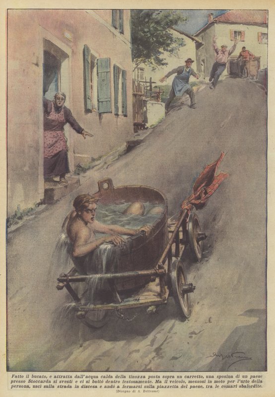 Etter å ha gjort tøyet, og tiltrukket av det varme vannet i karet plassert på en vogn, en brud? av Achille Beltrame