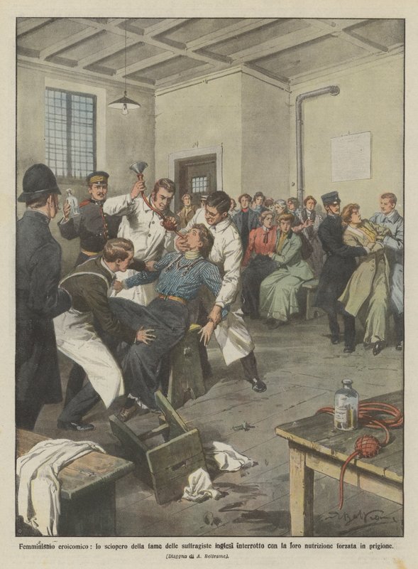 Heroisk-komisk feminisme, sultestreiken til de britiske suffragistene avbrutt med deres? av Achille Beltrame