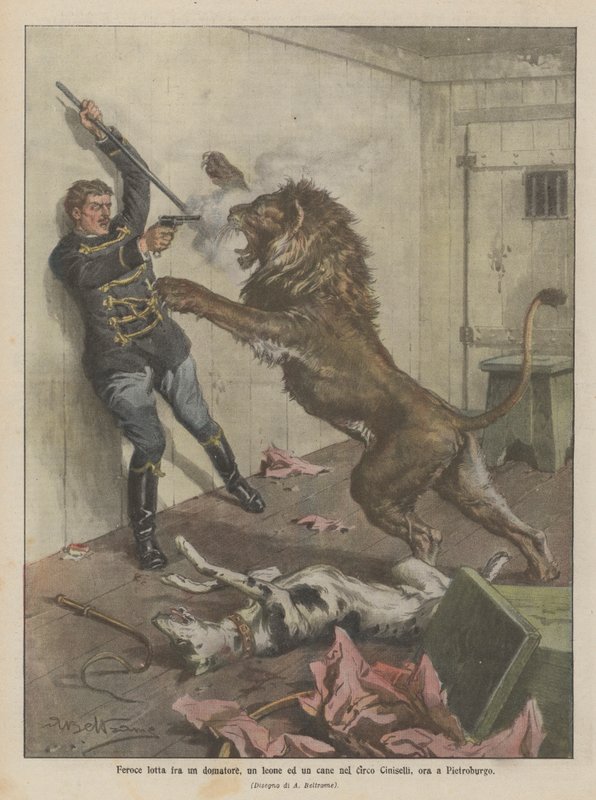 Hard kamp mellom en temmer, en løve og en hund i Ciniselli-sirkuset, nå i Petersburg av Achille Beltrame