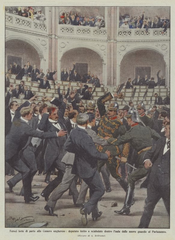 Heftige partisankamper i det ungarske kammeret, stedfortreder såret av sabler i rettssalen av? av Achille Beltrame
