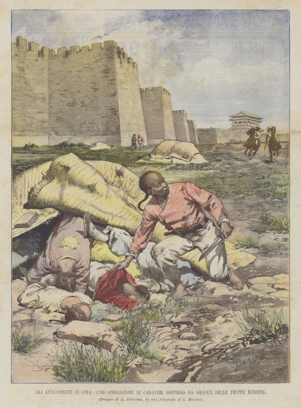 Hendelser i Kina, en kroppstripper overrasket av soldater fra de europeiske troppene av Achille Beltrame