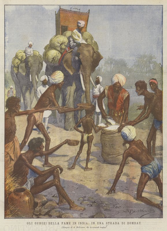 The Horrors of Hunger i India, i en Bombay Street (farge litho) av Achille Beltrame