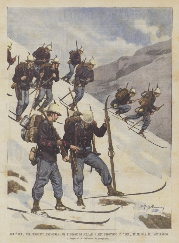 SKJ-ene i National Army, en platong av alpine soldater utstyrt med SKJ-er som marsjerer på Mont Cenis av Achille Beltrame