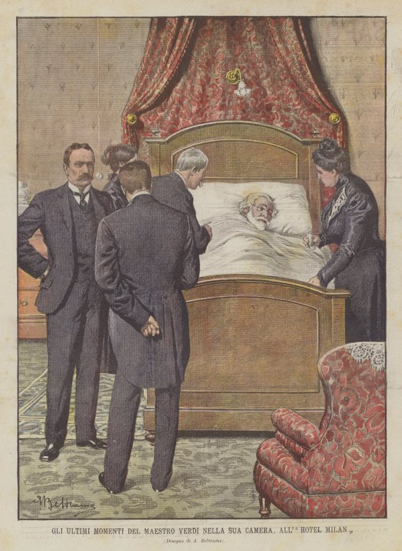 De siste øyeblikkene til Maestro Verdi på rommet hans, på Hotel Milan av Achille Beltrame
