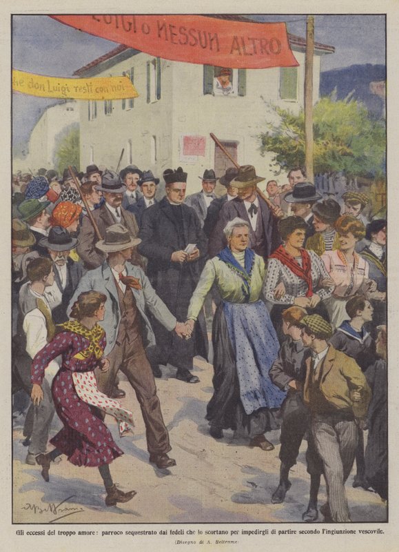 Utskeielsene av for mye kjærlighet, en sogneprest kidnappet av de troende som eskorterte ham for å forhindre ham? av Achille Beltrame