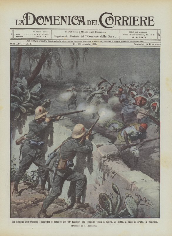 Episodene med heltemot, sersjant og soldat fra 63. fusiliers som står opp i lang tid? av Achille Beltrame