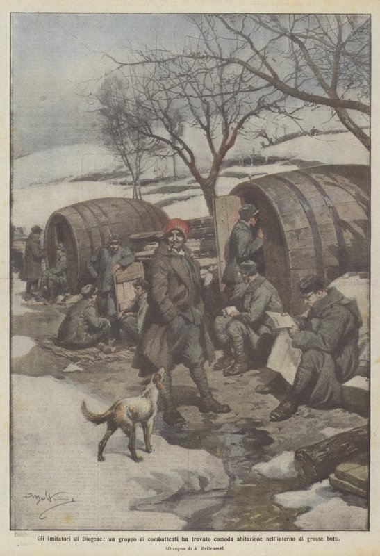 Imitatorene av Diogenes, en gruppe jagerfly fant et komfortabelt hjem inne i store tønner av Achille Beltrame