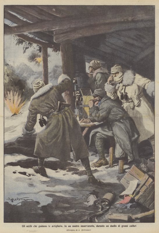Øynene som leder artilleriet, i et av våre observatorier, under en duell av store kalibre av Achille Beltrame