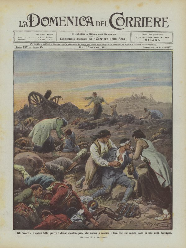 Krigens redsler og smerte, montenegrinske kvinner som drar for å lete etter sine kjære i felten? av Achille Beltrame